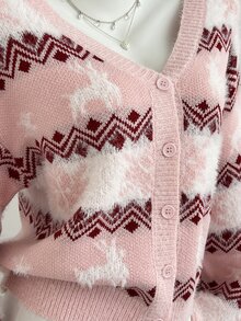 Elamini Minimalist Christmas Women's Autumn/Winter Pink Long Sleeve Slim Fit Knit Cardigan Sweater Top - Pink - View 7