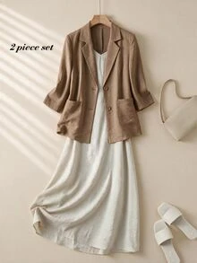 Rusticease Women's Solid Color Lapel Neck Single-Breasted Jacket And Cami Dress Casual 2 Pieces Set - Light Grey - View 4