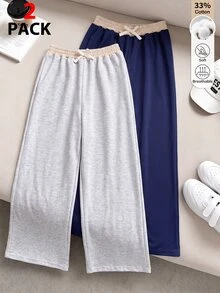 SHEIN Tween女孩 秋冬款 2件組休閒百搭街頭風口袋寬鬆闊腿拼接撞色雙腰帶設計運動長褲，適合學校、外出等多種場合 - 彩色 - 查看 2