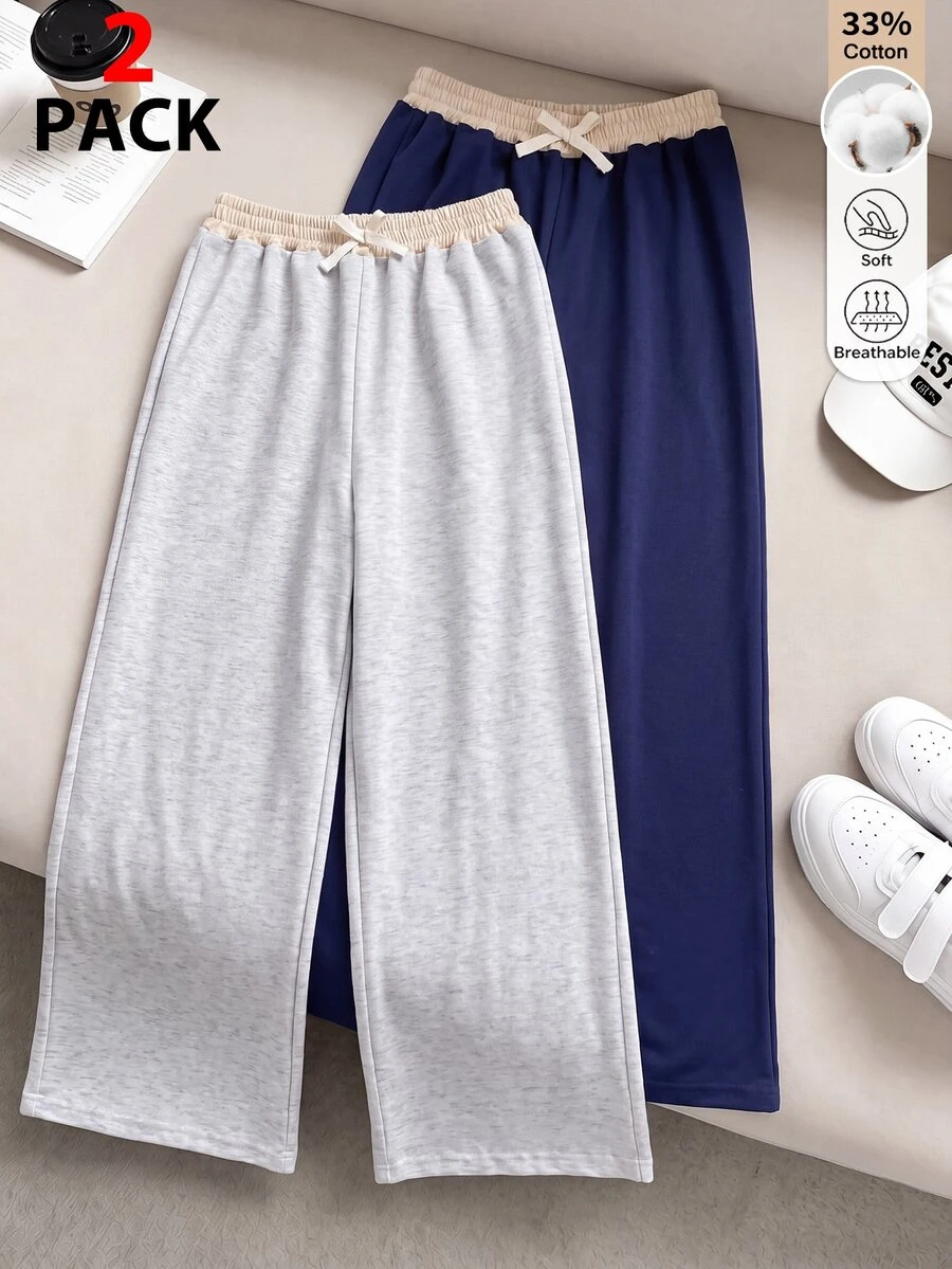 SHEIN Tween女孩 秋冬款 2件組休閒百搭街頭風口袋寬鬆闊腿拼接撞色雙腰帶設計運動長褲，適合學校、外出等多種場合