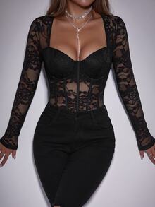 SHEIN Glamour Rhinestone Applique Mesh Sexy Women One Piece Bodysuit - Black - View 3