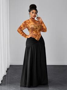 Maweii Plus Size Orange Mesh Patchwork Fitted Long Sleeve Waist-Cinching Dress For Women - Orange - View 4
