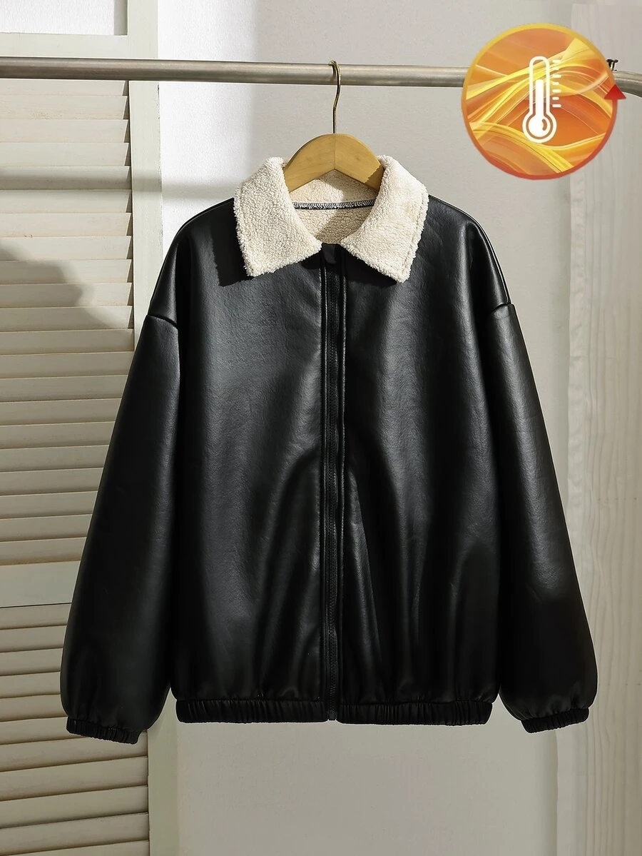 SHEIN 青少年女孩加厚羊羔毛內裡PU皮革夾克,秋冬復古翻領拉鍊機車外套,寬鬆落肩短版修身,抓絨內裡加厚,街頭通勤百搭黑色仿皮墊棉外套,休閒日常穿著女款上衣夾克,適合冬季 - 黑與白 - 查看 1