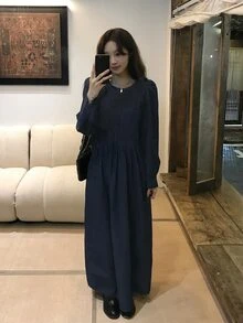 DAZY Women's Round Neck Casual Long Denim Dress - Dark Wash - View 6