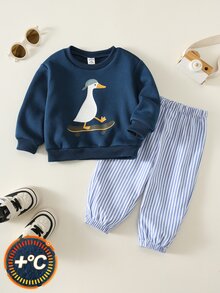SHEIN 2件組嬰兒男童/女童秋冬加厚抓絨內裡白色鵝圖案運動衫與條紋慢跑褲套裝，嬰兒男童冬季套裝，運動服 - 彩色 - 查看 1
