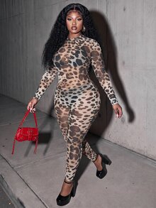 Slaydiva Sexy Street Date Party Women Slim Fit High Elastic Digital Print Long Sleeve Long Pants Abstract Pattern Leopard Mesh Plus Size Jumpsuit - Brown - View 9