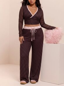 CovetEZ Contrast Polka Dot Slim Fit Flattering Casual Plus Size 2 Pieces Set - Brown - View 3