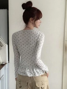 DAZY Polka Dot Patchwork Long Sleeve Round Neck Ruffle Trim Casual Vacation Korean Style Girl Spring Autumn Women T-Shirt Y2k - Grey - View 2