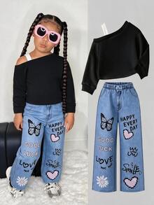 SHEIN Kids SLAYR Young Girl Young Girls Street Fashion Black Asymmetrical Shoulder Sweatshirt & Denim Effect Loose Pants Set - Blue - View 1