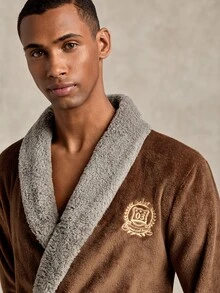 EverLounge Men's Autumn/Winter Minimalist Basic Fashion Comfortable British Style Embroidered Red Brown Flannel Contrast Dark Grey Double-Sided Fleece Shawl Collar Long Home Wear Robe Coat - Brown - View 6