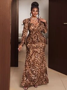 Maweii Set Kasual Atasan Lengan Panjang dan Rok Motif Leopard untuk Wanita Ukuran Besar - MultiWarna - View 2