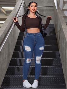 Rivivi جينز نسائي مقاس كبير Y2K بتصميم أزرار وجيوب مغسول وممزق عصري - أزرق داكن - مشاهدة 5