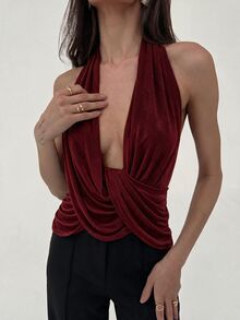 Aloruh 女款春夏新款藝術女神風垂墜深V領掛脖背心上衣 - 酒紅色 - 查看 6