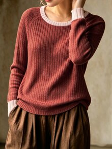 Linhara CURVE Women Plus Size Round Neck Solid Color Ribbed Contrast Patchwork Long Sleeve T-Shirt Autumn Winter Casual/Country Style/Top T-Shirt - Redwood - View 5
