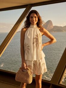 CAJUNI Short Summer Dress With Palm Print – New Year's, Beach, Holiday Parties - Beige - View 4