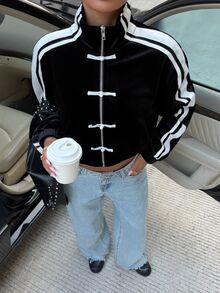 Muchica Striped Side Zip Up Frog Button Crop Sweatshirt Velvet Buckle Autumn And Winter Club Jacket Fall Casual Y2k Basic Vintage Renaissance Country - Black and White - View 3