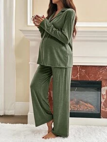 Slowluna Maternity Front Button Long Sleeve Top And Loose Pants 2 Pieces Set Fall - Army Green - View 6
