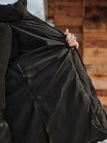 Anewsta Winter Black Hooded Detachable Fur Collar Decorated Belt Long Sleeve Padded Coat - Black - View 8