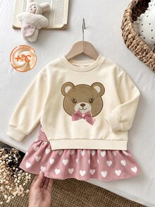 4-7歲女童圓領針織運動洋裝，熊刺繡與3D蝴蝶結裝飾，格紋，甜美學院風，適合秋冬穿著 - 彩色 - 查看 6