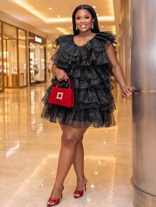 Slaydiva Plus Size Women Mini Dress, Black Sleeveless Deep V Multi-Layer Ruffle Organza Club Party Dress - Black - View 4