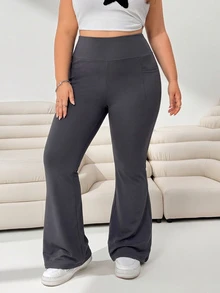 Solflare Plus Size Minimalist Casual Pocket Elastic Flare Pants Fall - Dark Grey - View 5