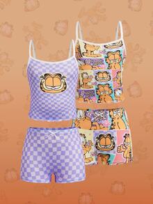 GARFIELD | SHEIN مجموعة ملابس داخلية 4 قطع للبنات المراهقات كاميسول وسراويل بوكسر مشتركة العلامة التجارية 8-12 سنة - ارجواني فاتح - مشاهدة 1