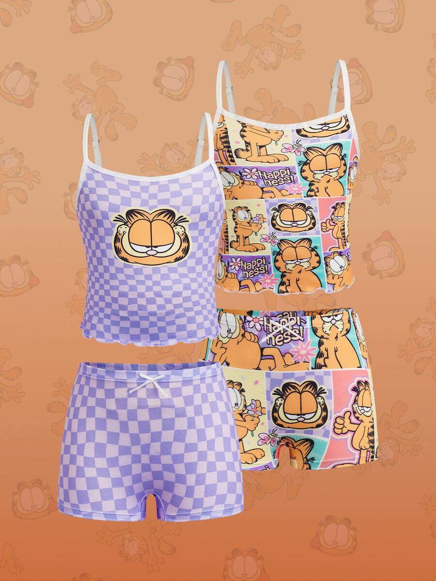 GARFIELD | SHEIN مجموعة ملابس داخلية 4 قطع للبنات المراهقات كاميسول وسراويل بوكسر مشتركة العلامة التجارية 8-12 سنة - ارجواني فاتح - مشاهدة 1
