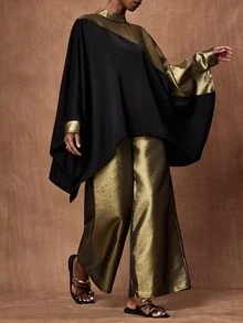 Zivah Elegant Women's Long Sleeve Patchwork Shiny Fabric Top & Wide Leg Pants 2 Pieces Set, Versatile For Commuting, Travel And Party - Black - View 3