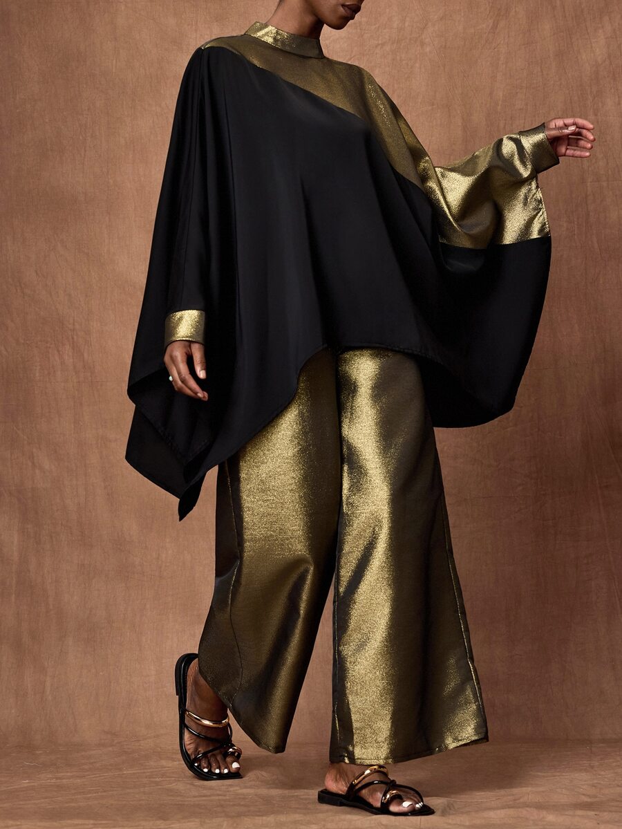 Zivah Elegant Women's Long Sleeve Patchwork Shiny Fabric Top & Wide Leg Pants 2 Pieces Set, Versatile For Commuting, Travel And Party - Black - View 1