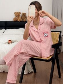 Napfluff Textured Bubble Grid Pocket Embroidered Top And Loose Pants Pajama Set - Pink - View 5