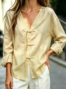 SHEIN 女款亞麻V領長袖流蘇旗袍鈕扣襯衫 - 淡黃色 - 查看 3