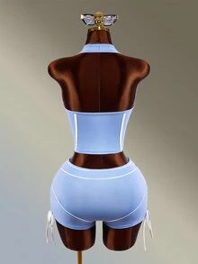 Amplova Setelan Olahraga Wanita: Atasan Tank Top Model V-Neck dan Celana Pendek - Biru - View 2