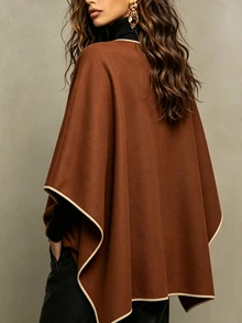 SHEIN Women's Autumn/Winter Piped Trim Snap Button Front Cape Overcoat - Apricot - View 2