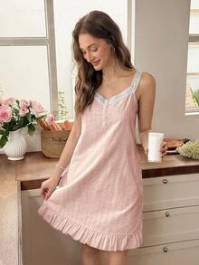 Snug Reverie Women's Fresh Light Blue Comfortable Jacquard Contrast Color Embroidered Lace Ruffle Camisole Nightgown - Pink - View 7