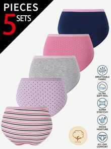 Girls Big Tween Girl All Season 100% Cotton Multi-Color Multi-Pattern Polka Dot Striped Minimalist Print Combination 5pcs Triangle Panty Set - Multicolor - View 2
