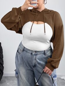 SHEIN CURVE+ 大尺碼黑色針織超短連帽毛衣，適合秋冬穿著 - 棕色 - 查看 8