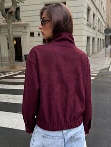 Aloruh 年輕女性百搭秋冬新款千鳥格立領寬鬆落肩長袖夾克，羊毛混紡 - 酒紅色 - 查看 2