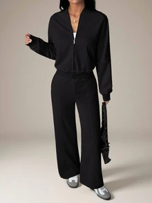 SHEIN PETITE 2pcs Women Casual Sports Jacket And High Waist Stretch Pants Set, Autumn And Winter - Black - View 7