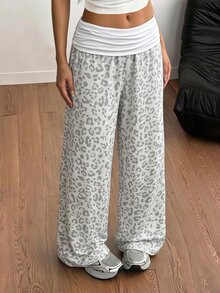 SHEIN 青少年女孩/Tween女孩秋冬休閒街頭時尚灰色豹紋高腰抽褶拼色拼接寬鬆直筒運動長褲，適合返校季與日常穿著 - 淺灰色 - 查看 1