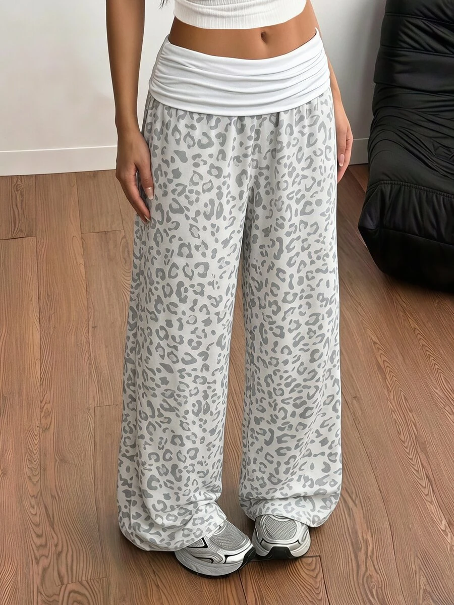 SHEIN 青少年女孩/Tween女孩秋冬休閒街頭時尚灰色豹紋高腰抽褶拼色拼接寬鬆直筒運動長褲,適合返校季與日常穿著 - 淺灰色 - 查看 1