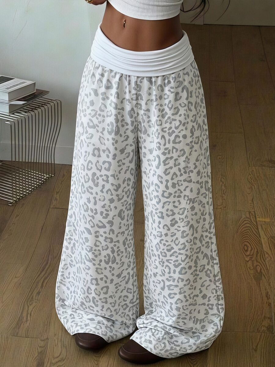 SHEIN Teen Girl Tween Girls Autumn/Winter Casual Street Fashion Grey Leopard Print High Waist Ruched Colorblock Patchwork Loose Straight Leg Sweatpants Long Pants, Suitable For Back To School, Daily Wear - Light Grey - View 1