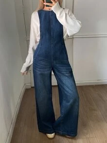 Livesso Autumn Blue Spaghetti Strap Button Washed Loose Pocket Decor Casual Women's Denim Overalls Jumpsuit - Blue - View 3