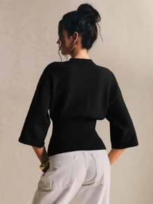 Poéselle 女款純色短袖開襟針織衫，適合約會、度假、派對、日常出遊、聚會、戶外活動 - 黑色 - 查看 5
