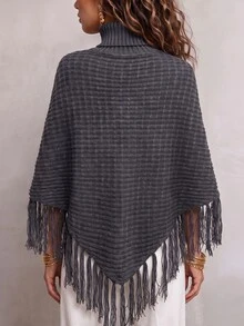 Trelyra Ladies' High Neck Elegant Casual Bohemian Style Sweater, Versatile For Autumn And Winter, Gray Tassel Cape, Cloak - Dark Grey - View 2