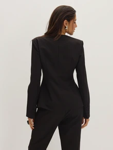 MUSEYN Blazer Hitam Tenun Pas Badan dengan Bantalan Bahu dan Kancing, Elegan untuk Kencan Malam, Chic, dan Musim Gugur. - Hitam - View 5