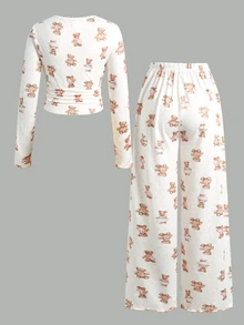 SHEIN Teen Girl Teen Girl Sweet Simple Cute Bear Pattern Round Neck Ruffle Trim Gathered Hem Long Sleeve Extended Pants Soft Comfortable Home Sleepwear Set 2pcs - Multicolor - View 7