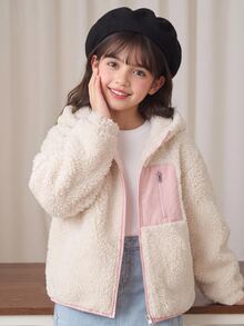青少年女孩拼色前拉鍊連帽抓絨外套 - 杏色 - 查看 1