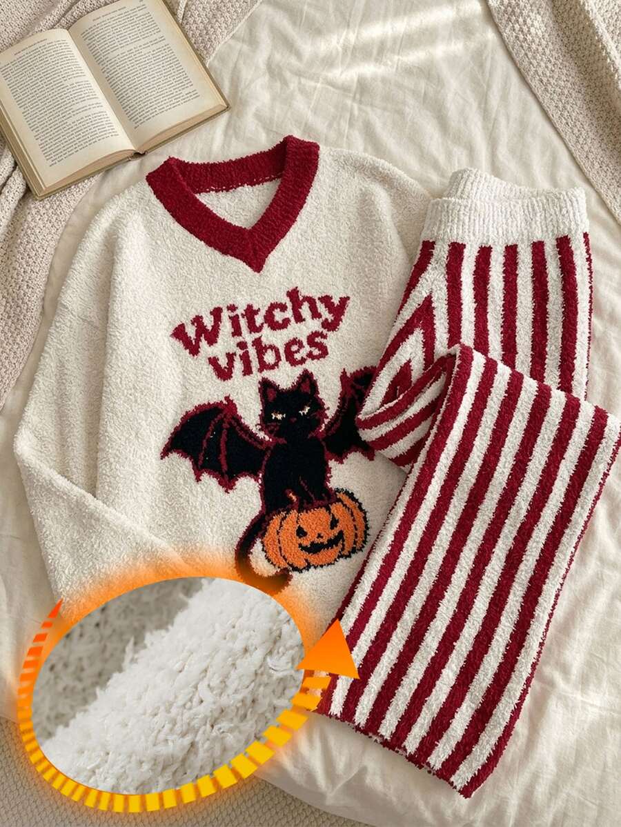 DAZY Halloween Themed Pattern Autumn/Winter Soft Knit Comfortable Half-Fleece 2 Pieces Loungewear Pajama Set For Women - Red - View 1