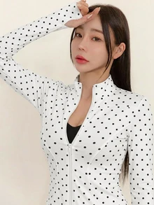 DAZY 女款波點印花長袖前拉鍊修身夾克 - 白色 - 查看 2