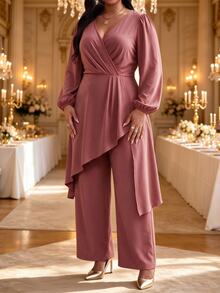 Fleurora Plus Size Pleated Asymmetrical Hem Top And Loose Long Pants 2 Pieces Set - Red Violet - View 5